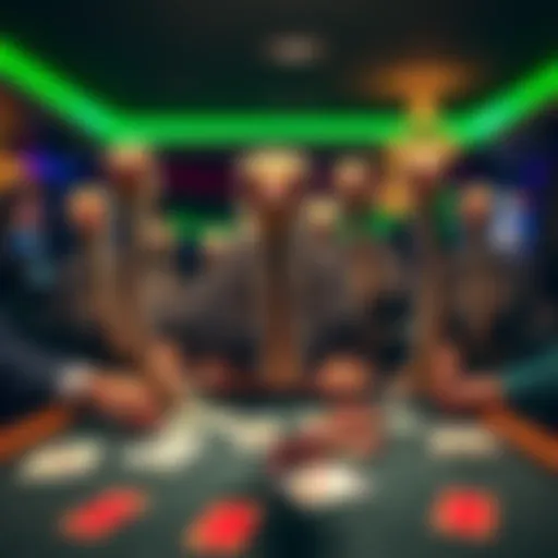 A group of ostriches causing chaos in a blackjack session at Duel Casino, with surprised players and staff looking on.